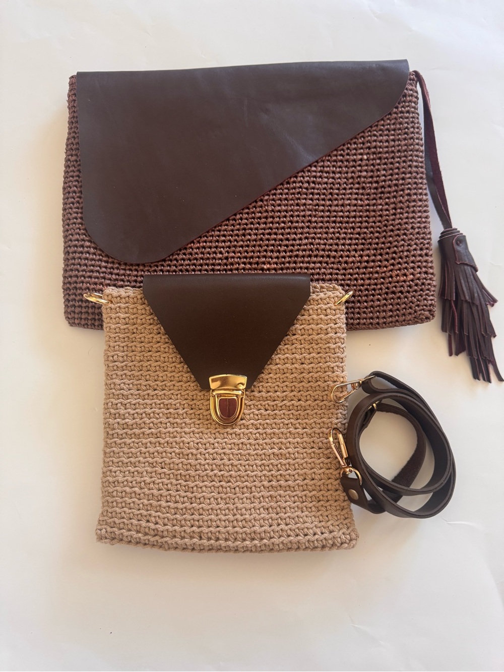 Two-Tone Crochet Wristlet Clutch in Beige and Dark Brown - Picture 1 of 6